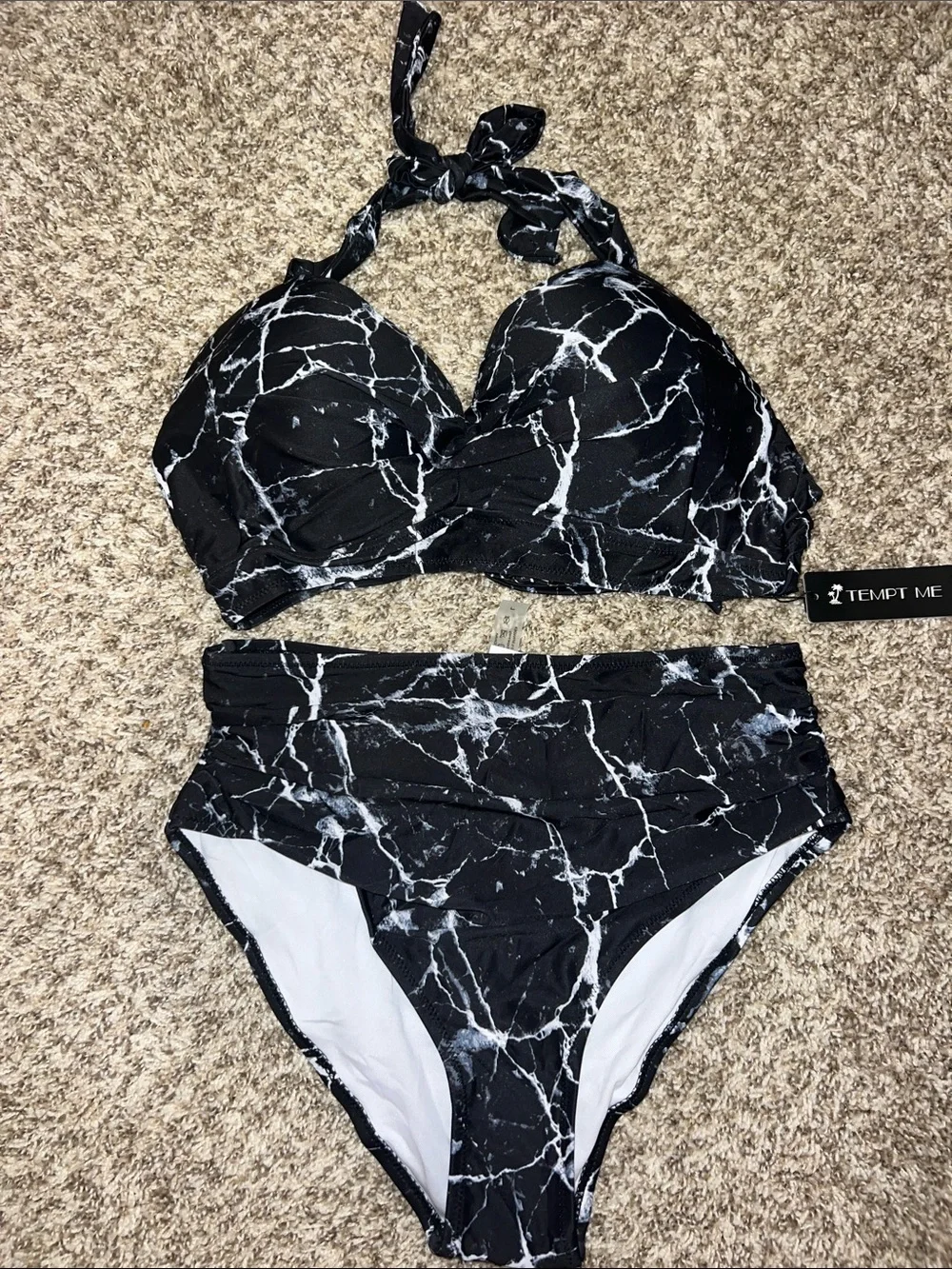 NWT! Women’s Flattering Black Marble Bikini - Halter & High Waist Bottoms Sz L - Picture 4 of 8